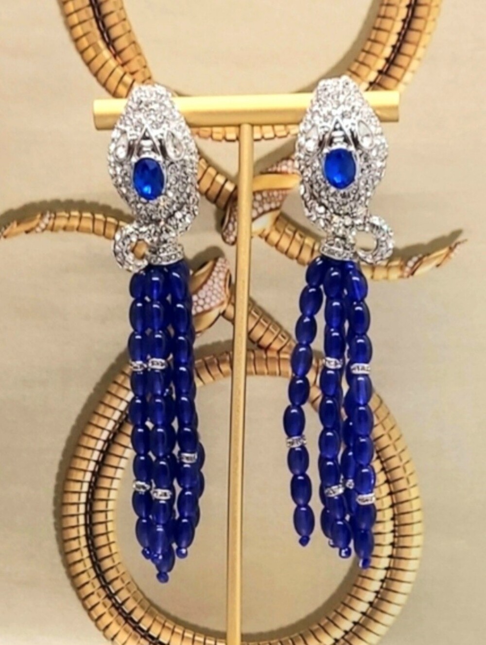 Vintage Estate Crystal & Lapis Lazuli Snake Tassle Silver Earrings